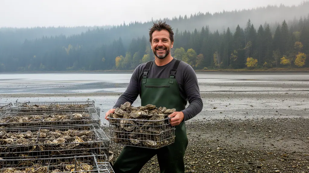 Smiling oyster farmer in green waders holding a wire basket of fresh oysters on a misty tideflat lined with fir trees
