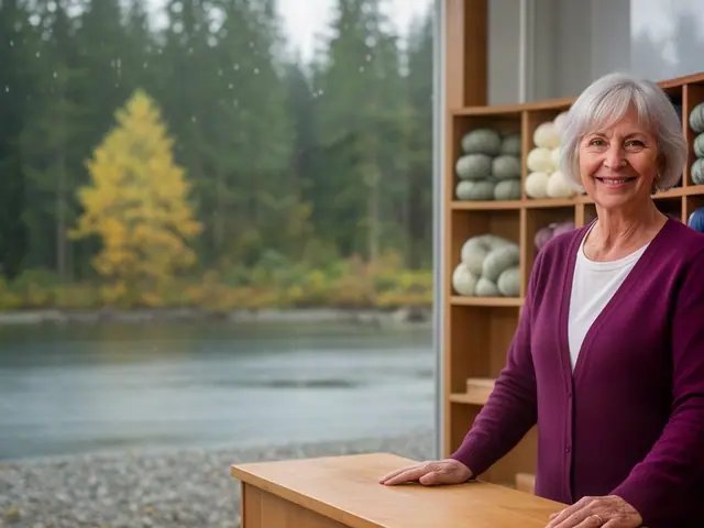 Smiling yarn-shop owner in a plum cardigan behind a pine counter with cubbies of blue, green and plum yarn