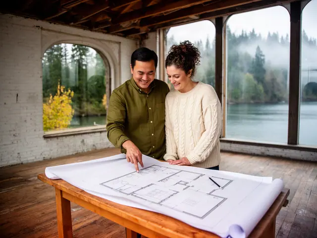Two business partners smiling over a pencil floor-plan sketch on a table in an empty brick storefront with tall windows